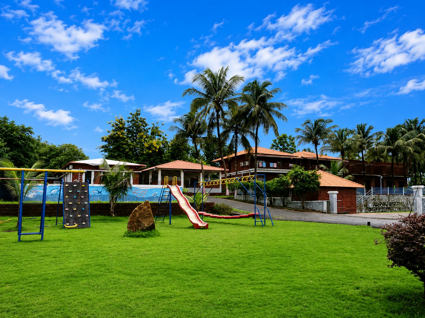 Resort lawn and children's play area landscaping in Chiplun