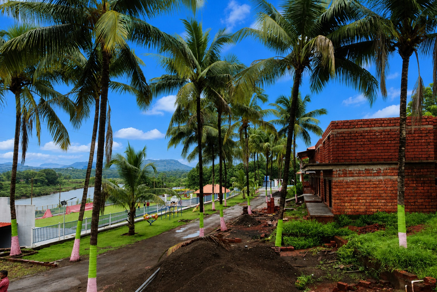 Coconut palm trees and waterfront resort landscape in Chiplun