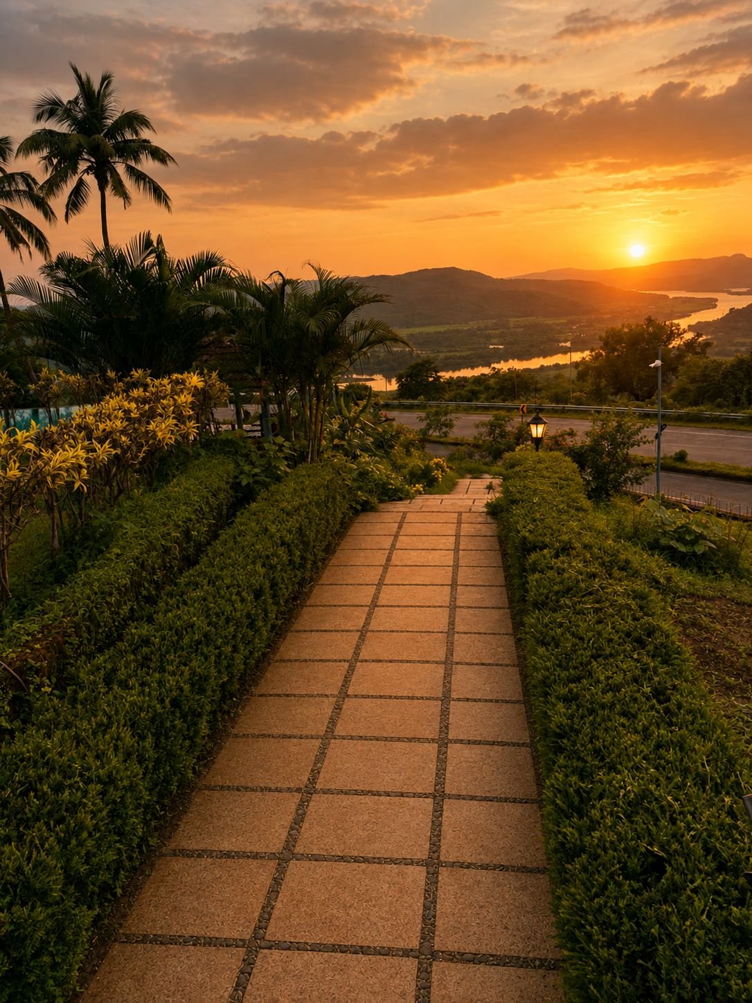 Poolside garden landscape with pathway and ornamental plants