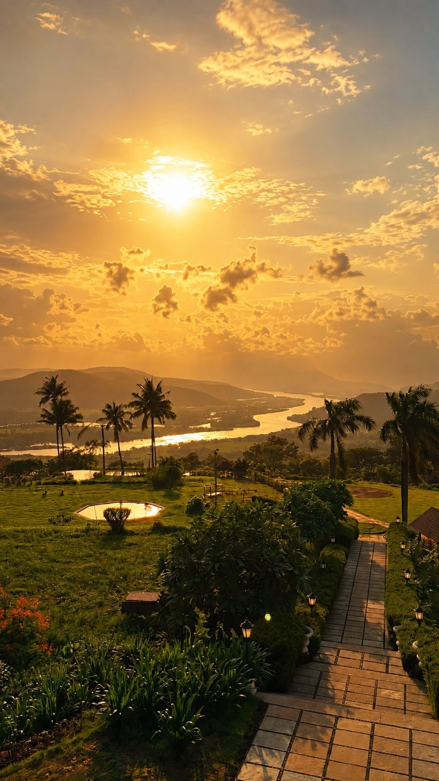 Resort landscape overlooking scenic waterfront and hills