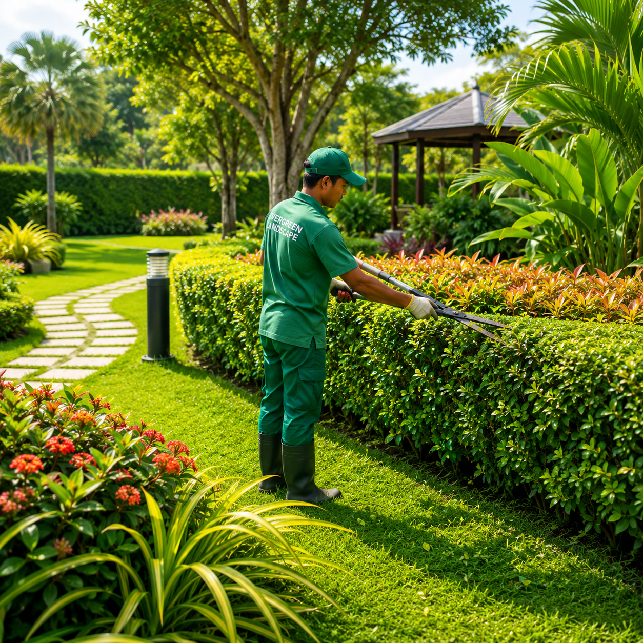 Healthy green garden maintained by professional landscape maintenance service