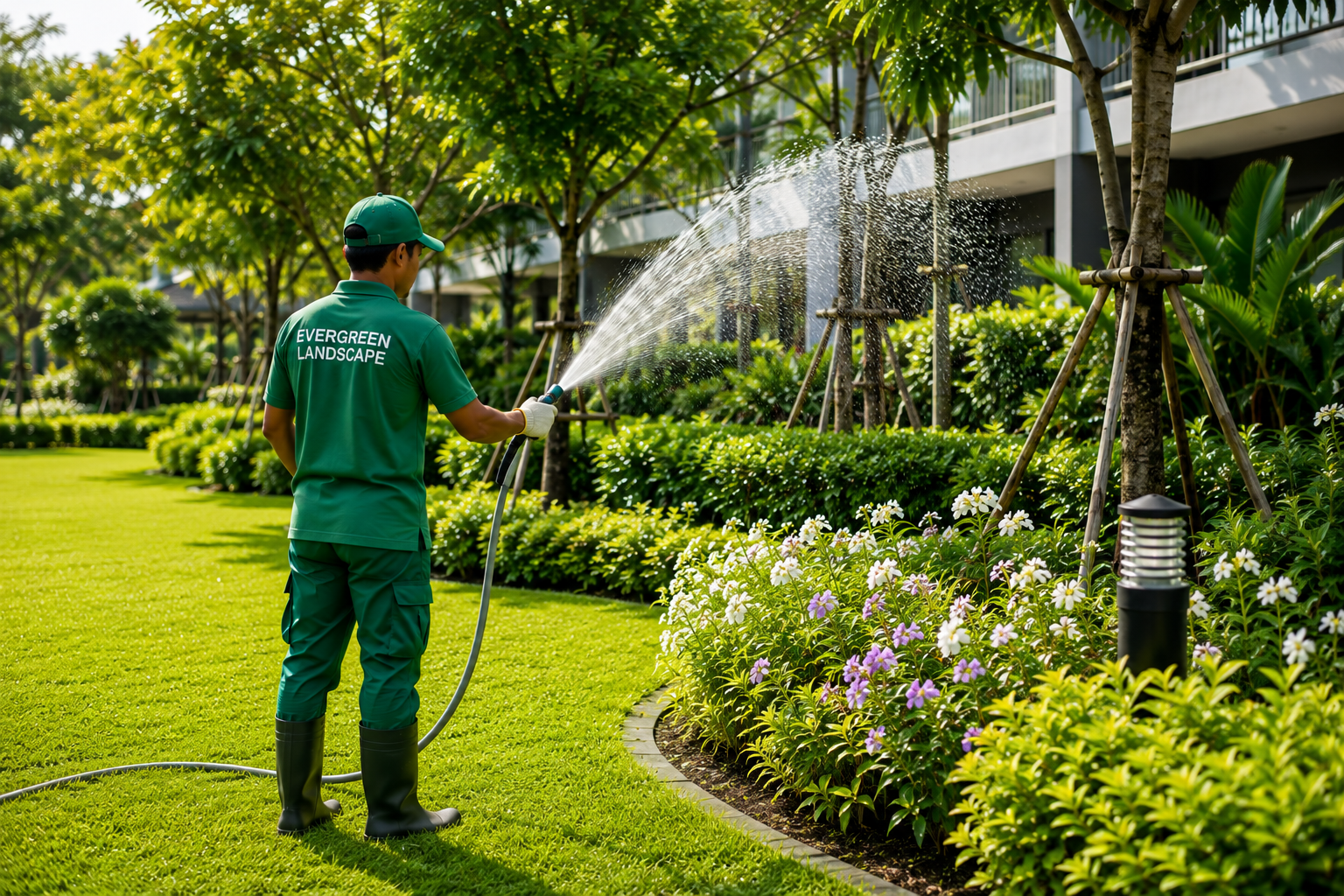 Professional lawn and garden maintenance with healthy green plants