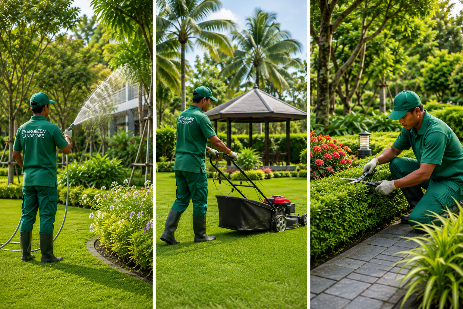 Healthy landscaped garden with green lawn and ornamental plants